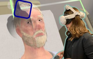 Healthcare person in VR headset using hand motion over patient